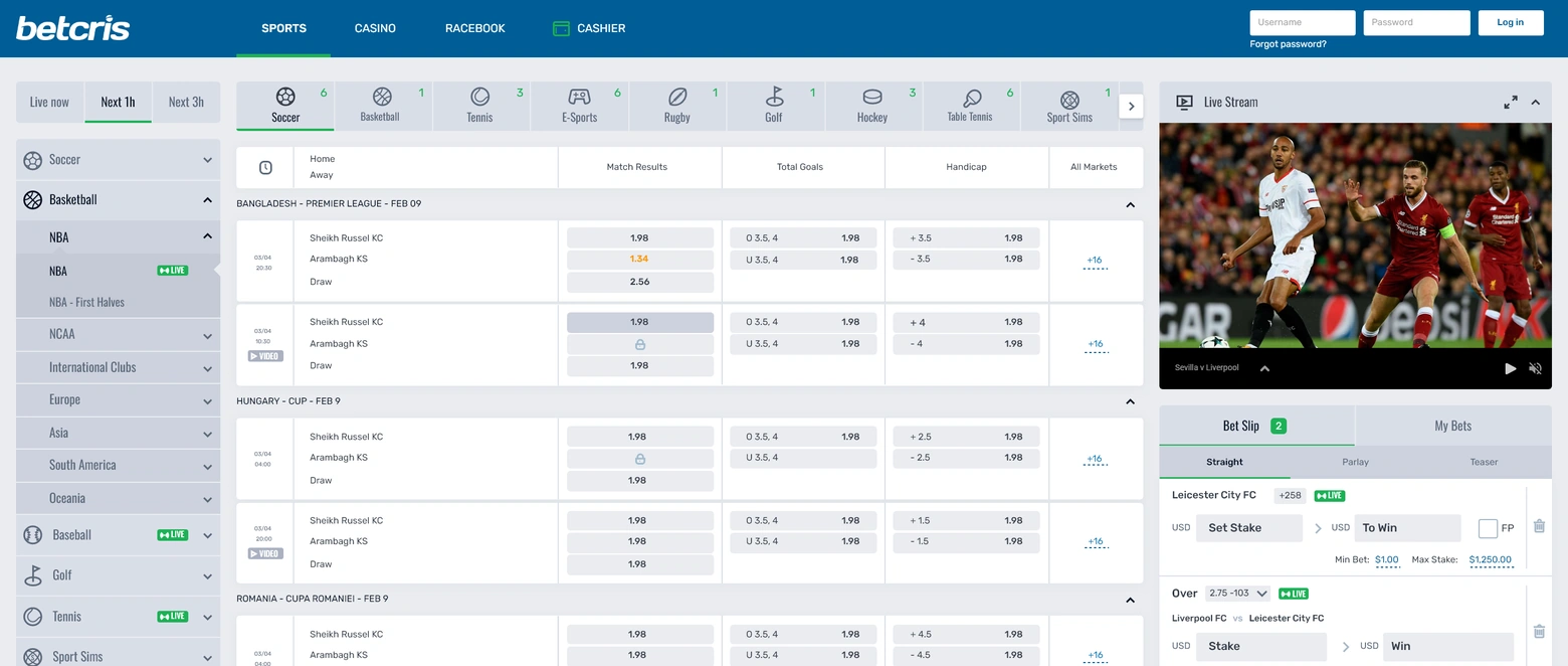 Betcris Sportsbook desktop interface with sports navigation, event odds and a betslip