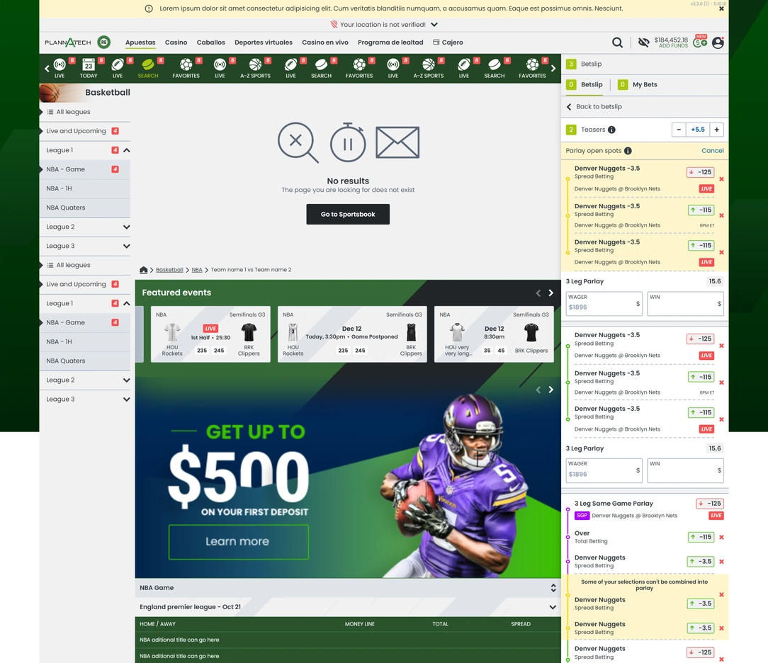 Sportsbook component examples with navigation, empty states, promotions and betslip variations