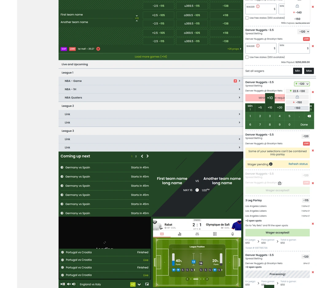 Sportsbook market tables, expanded event details, live match visualization and wager controls
