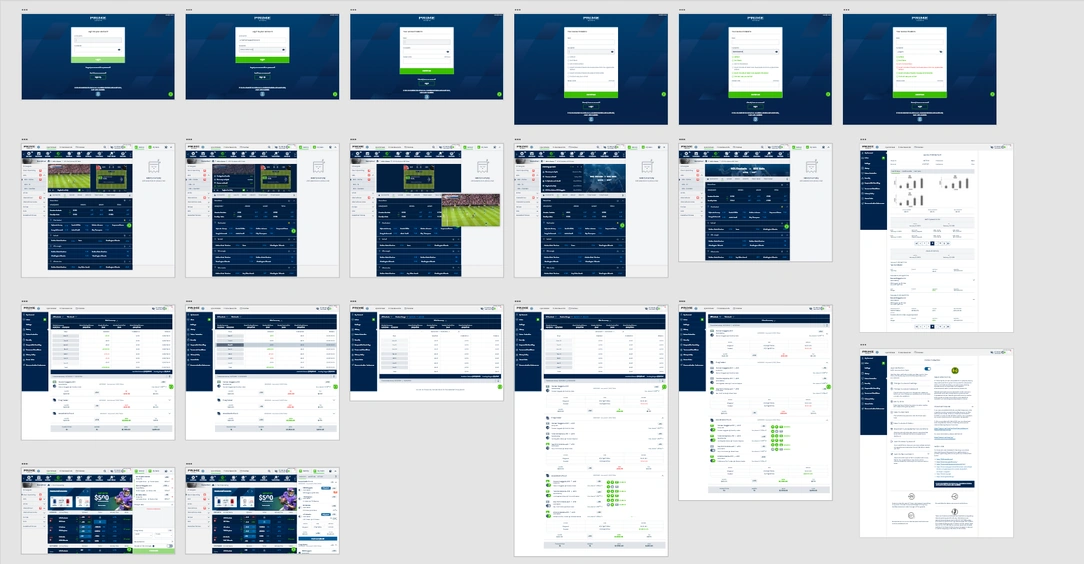 Overview of Prime Sportsbook desktop designs with account dialogs, event listings and game views