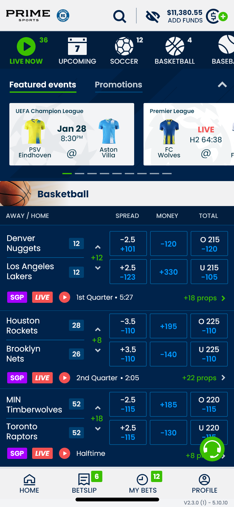 Prime Sportsbook mobile home screen with featured events and live basketball odds