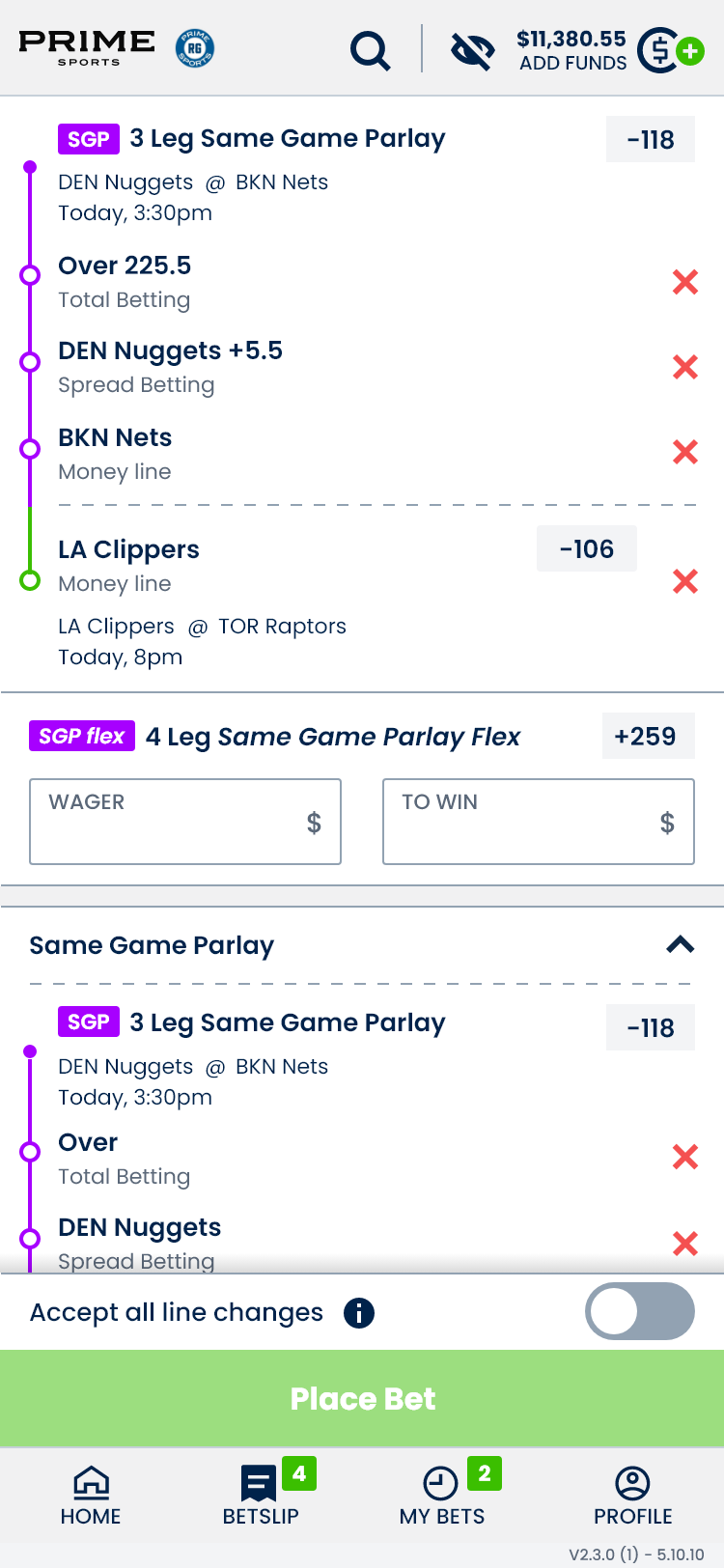 Mobile betslip with Same Game Parlay and SGP Flex combinations