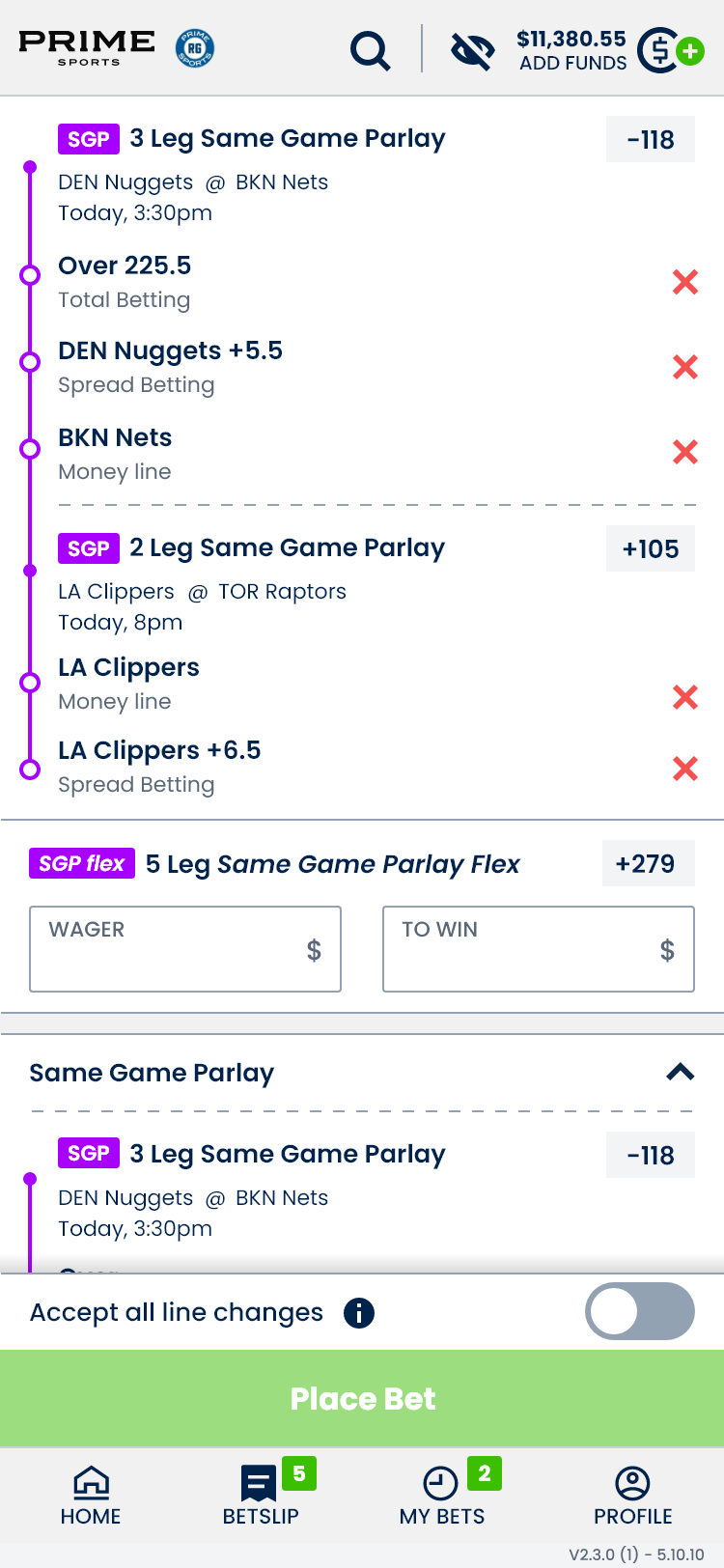 Mobile SGP Flex betslip combining selections from two basketball games
