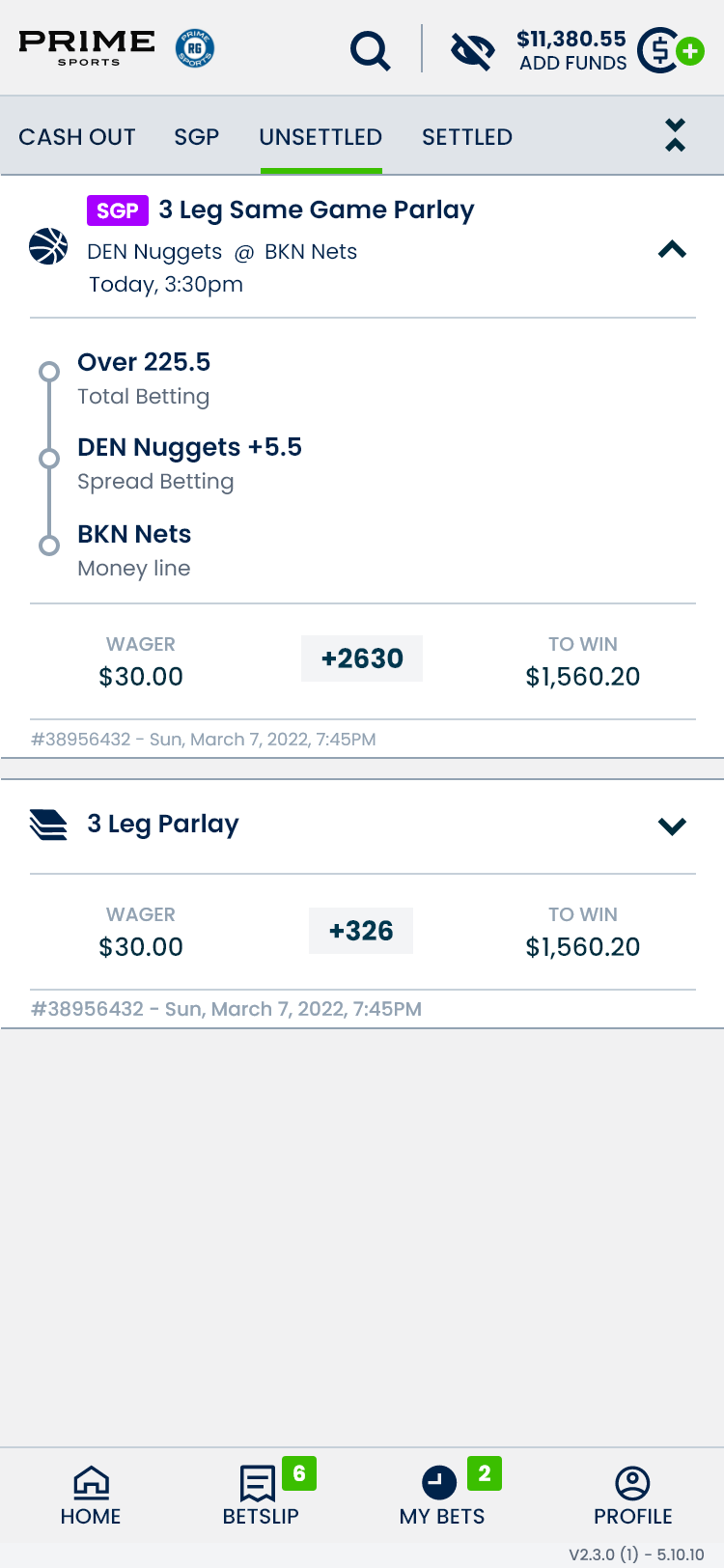 My Bets screen with an expanded three-leg parlay and a collapsed wager