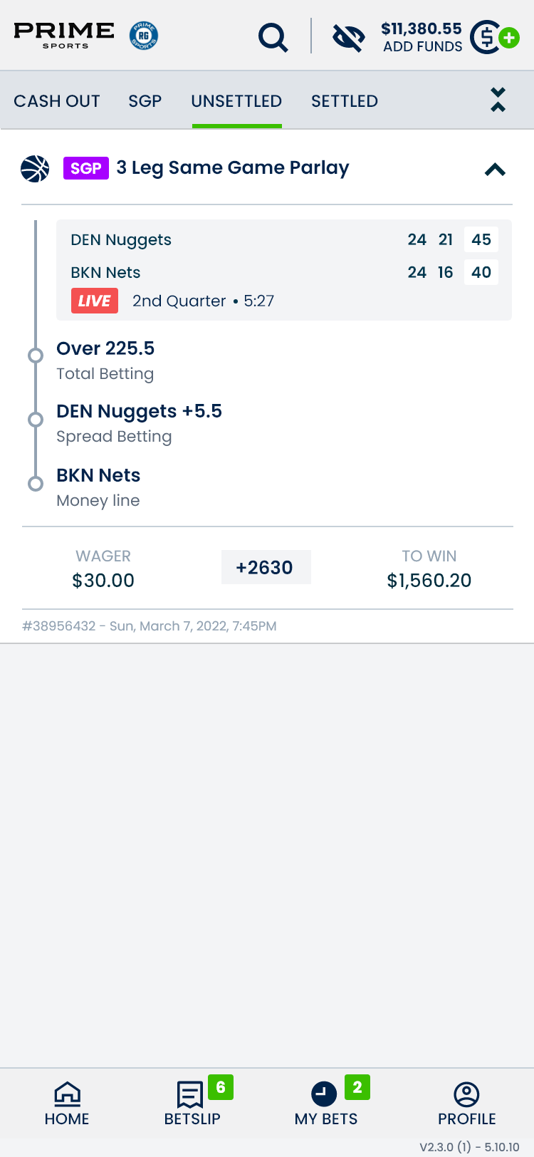 My Bets screen showing live scores within an expanded three-leg Same Game Parlay