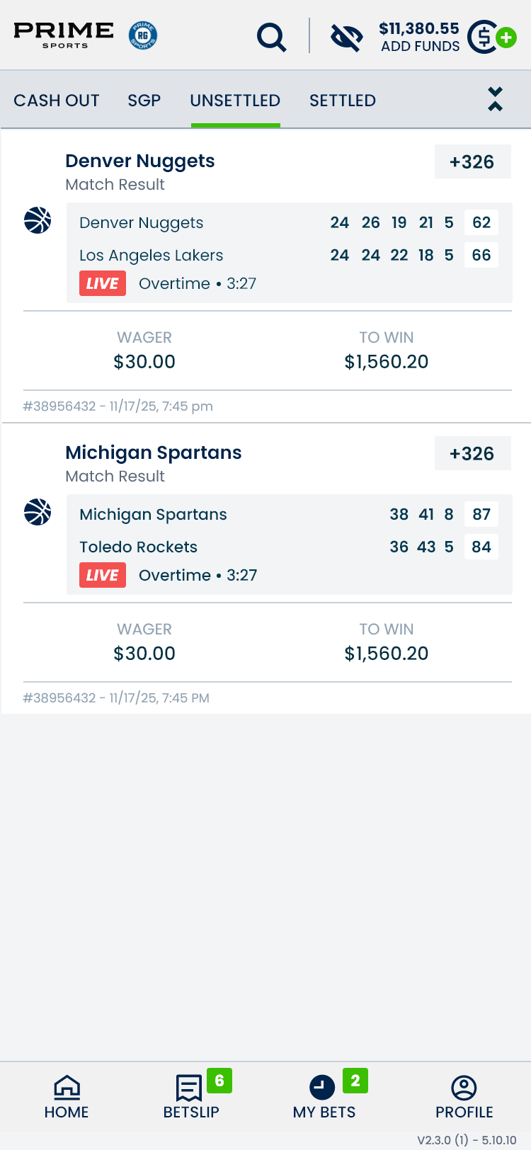 My Bets screen with two basketball wagers, live scores and potential returns