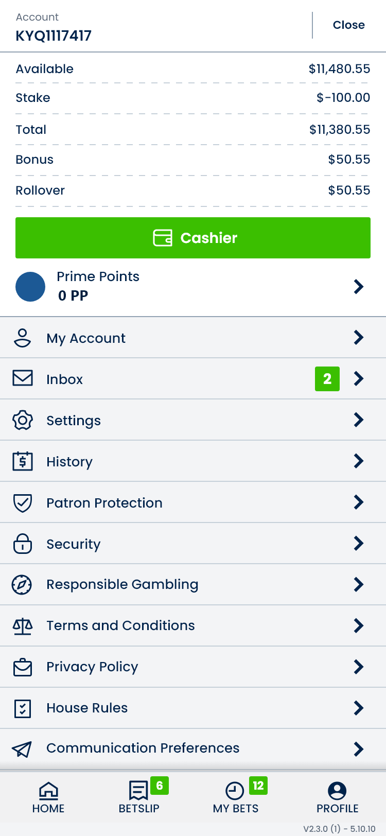 Mobile account menu with balance details, cashier, settings and responsible gambling links