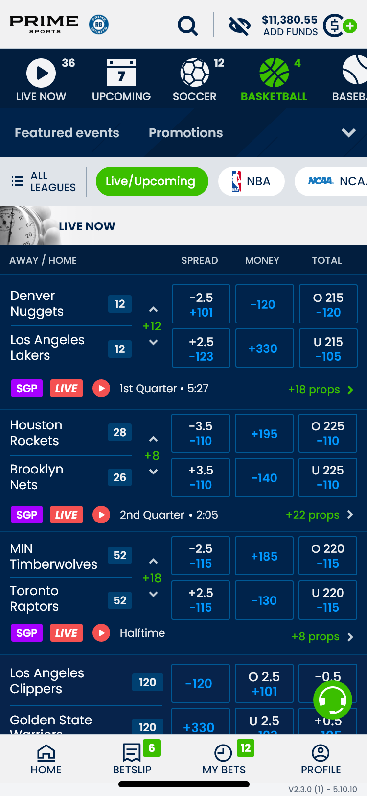 Mobile basketball schedule with league filters, live scores and betting markets