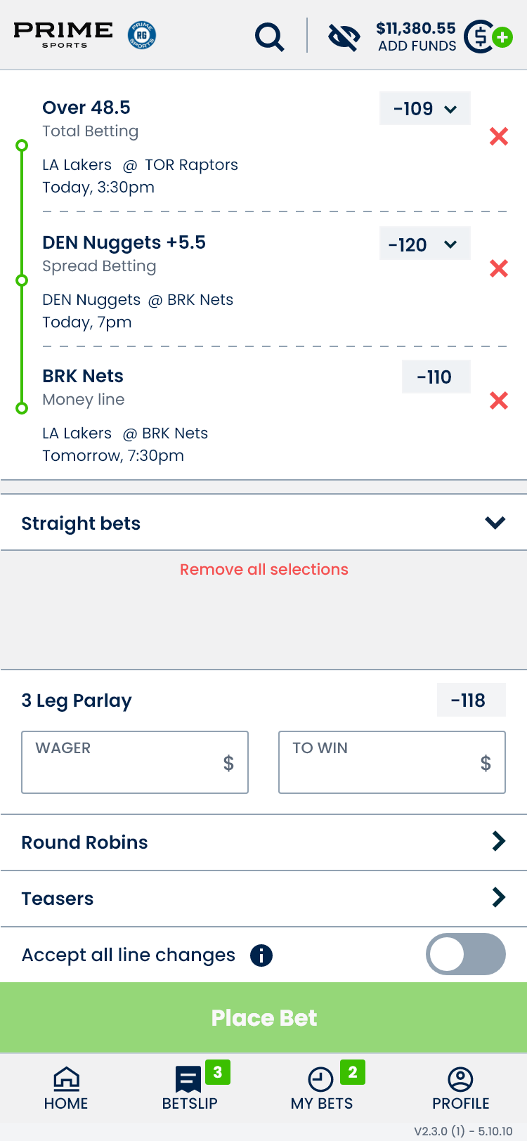 Mobile betslip combining three selections with Parlay, Round Robin and Teaser options