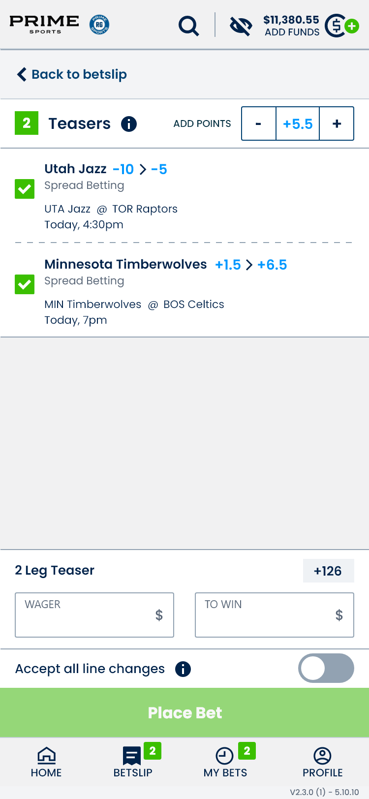 Mobile Teaser builder with selected teams, adjustable points and wager entry