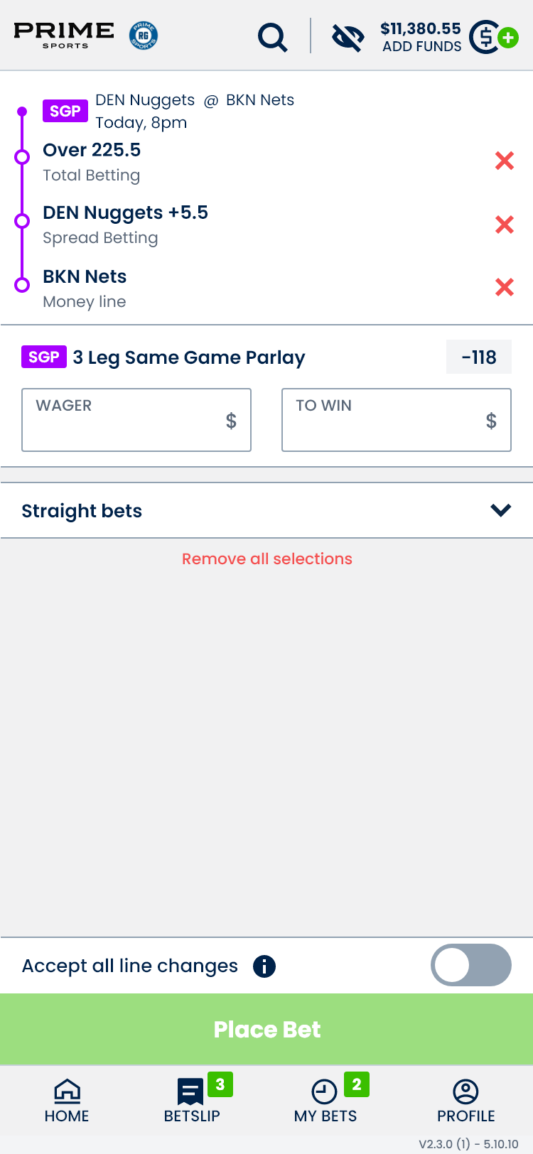 Mobile Same Game Parlay betslip with three linked selections and wager entry