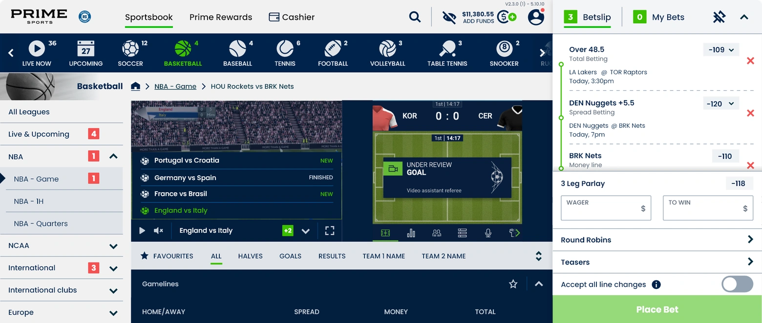 Prime Sportsbook desktop event page with live match statistics, markets and an empty betslip