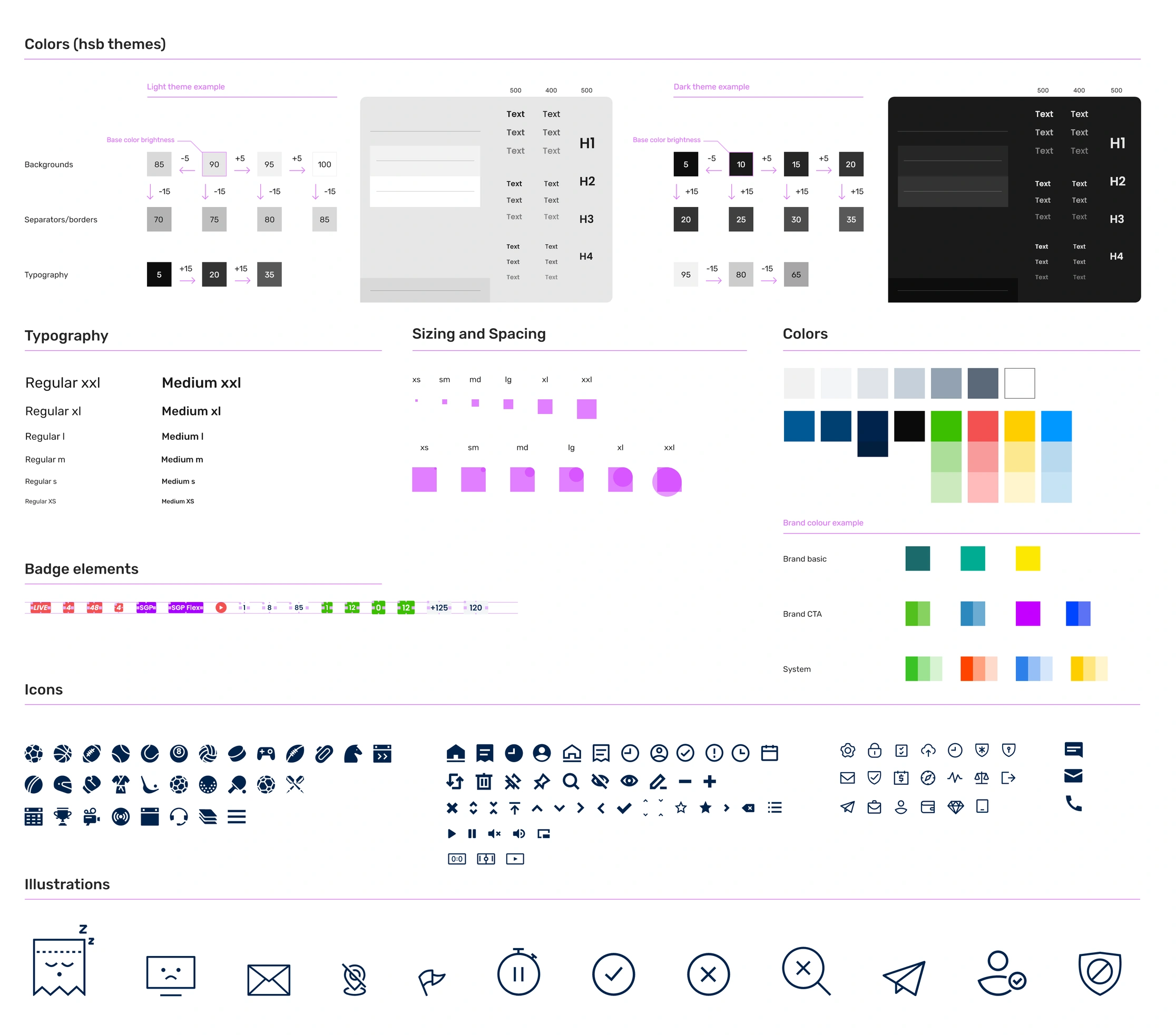 Prime Sportsbook design foundations showing theme colors, typography, spacing, badges, icons and illustrations