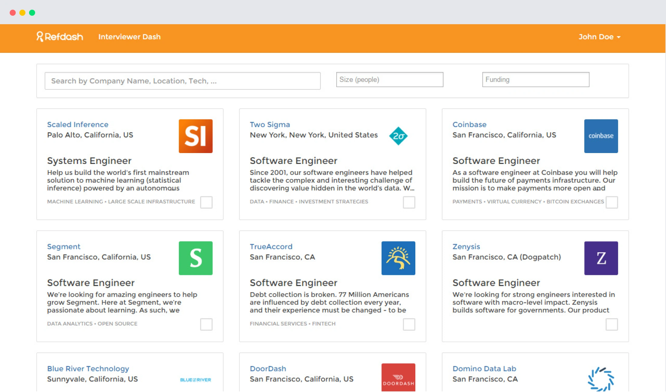 Refdash company discovery page with search filters and employer cards showing locations and open roles