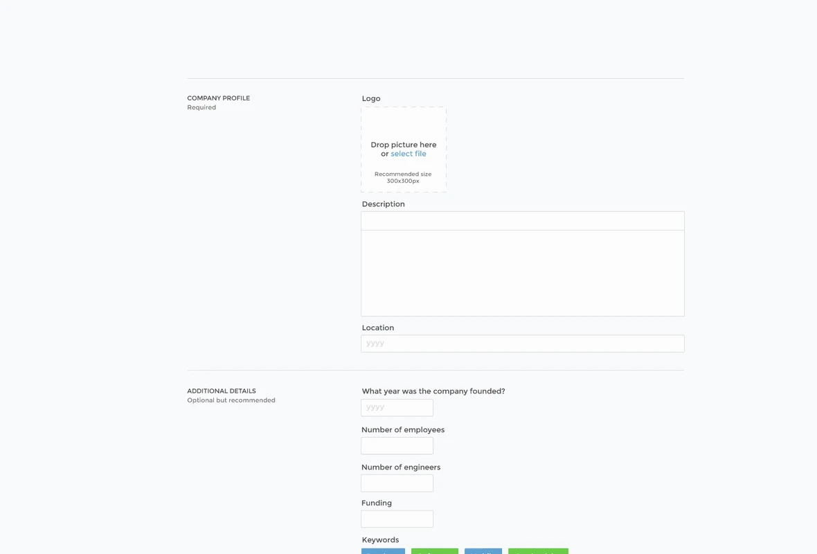 Animated walkthrough of the Refdash company profile editor and its company information fields