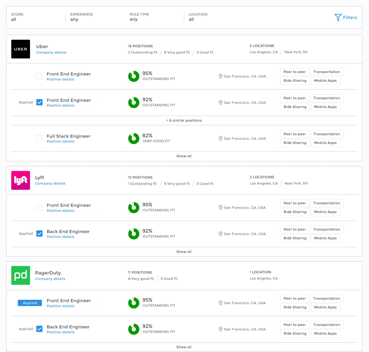 Refdash job listings grouped by employer with role names, match scores, locations and application controls
